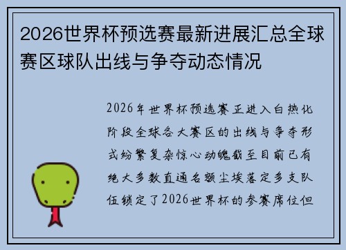 2026世界杯预选赛最新进展汇总全球赛区球队出线与争夺动态情况 2026世界杯预选赛最新进展汇总全球赛区球队出线与争夺动态情况